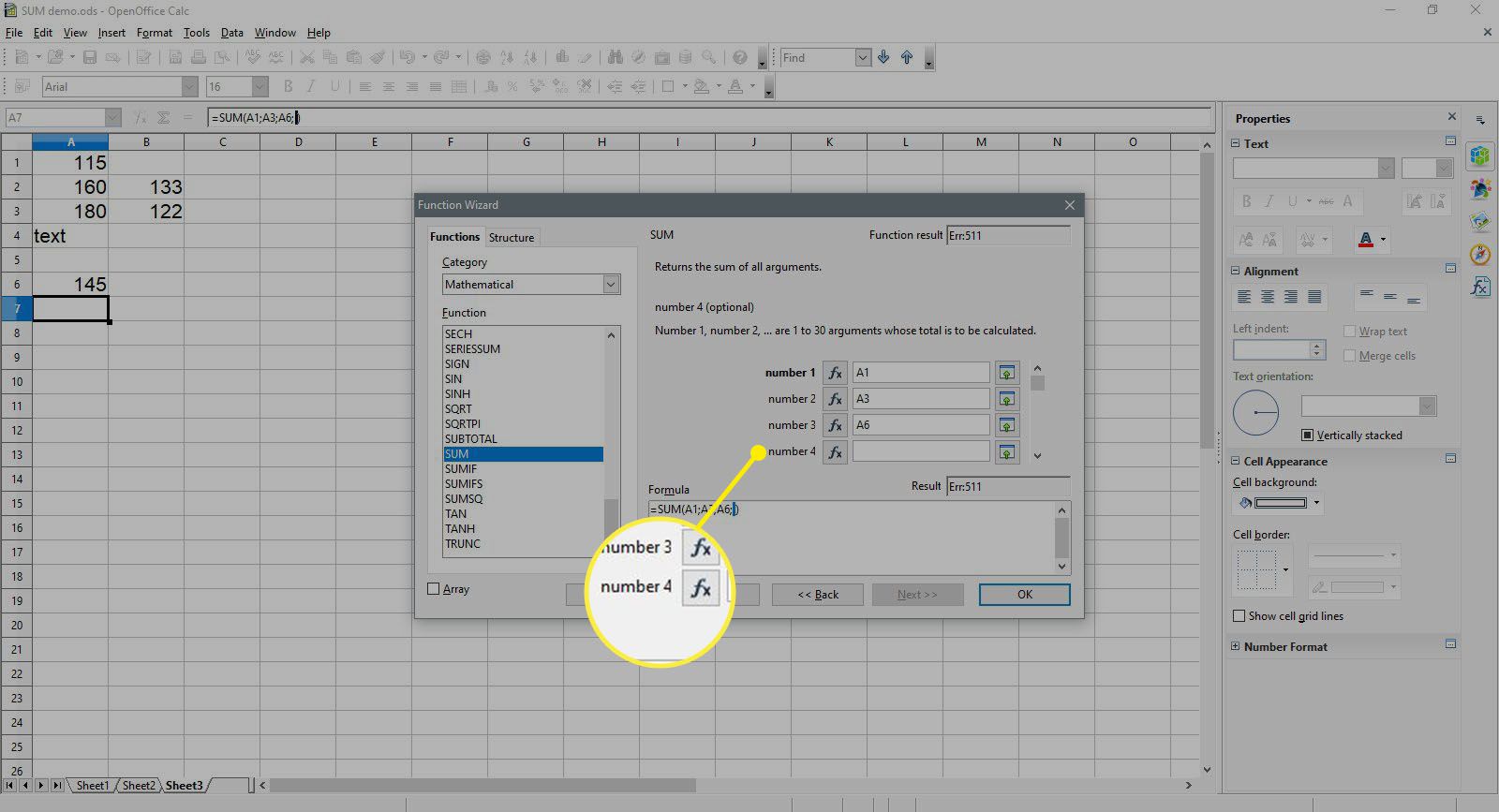 Valitse numero 4 solu OpenOffice Calcissa.