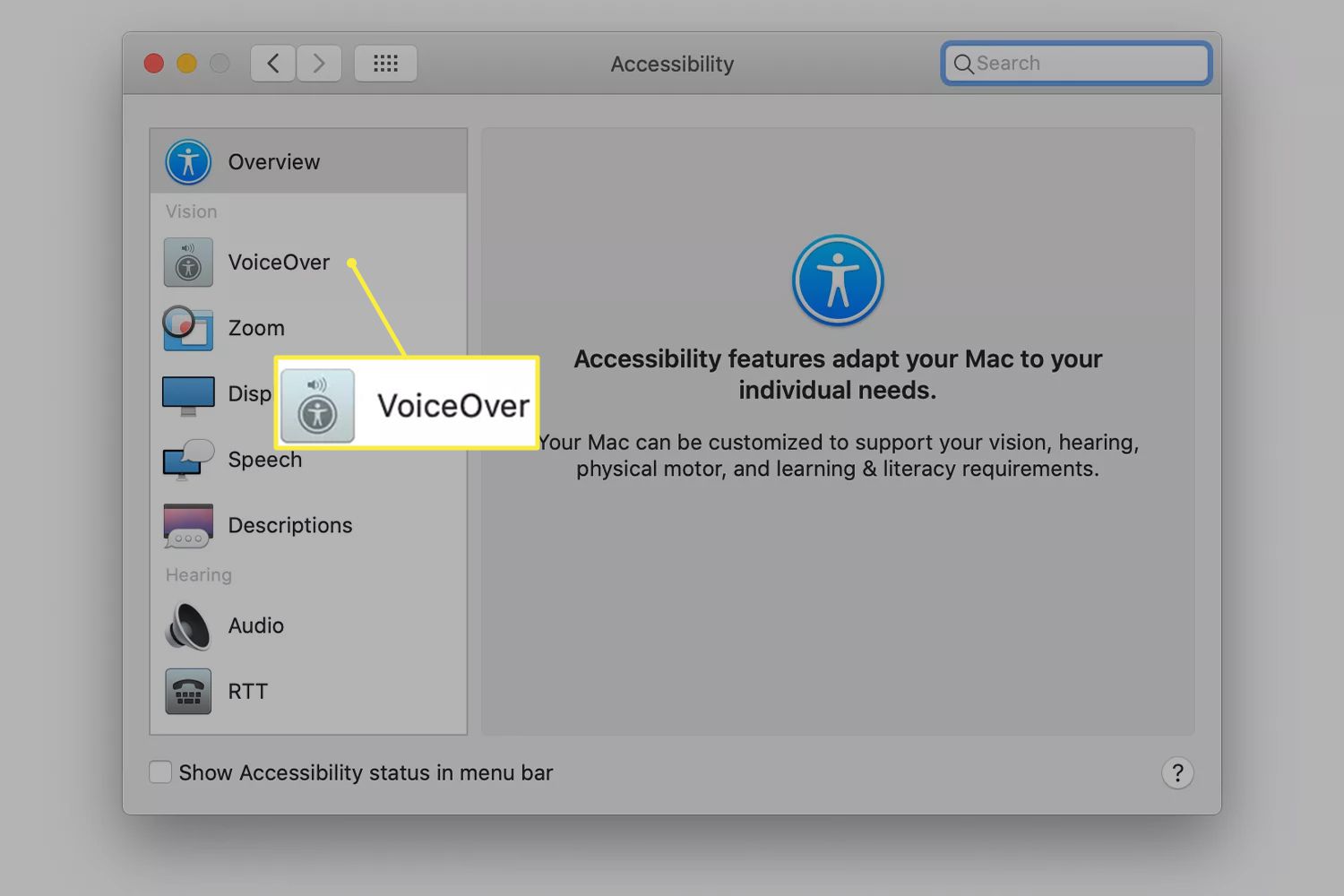 VoiceOver-vaihtoehto macOS:n esteettömyysasetuksista