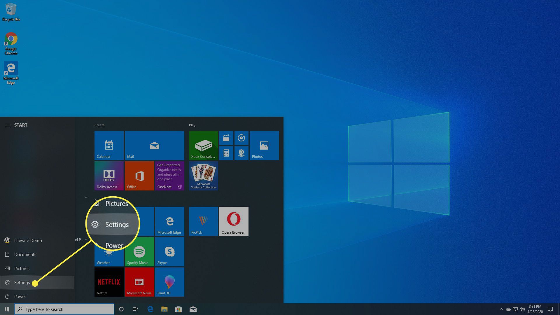 Asetukset Windows 10:n Käynnistä-valikossa