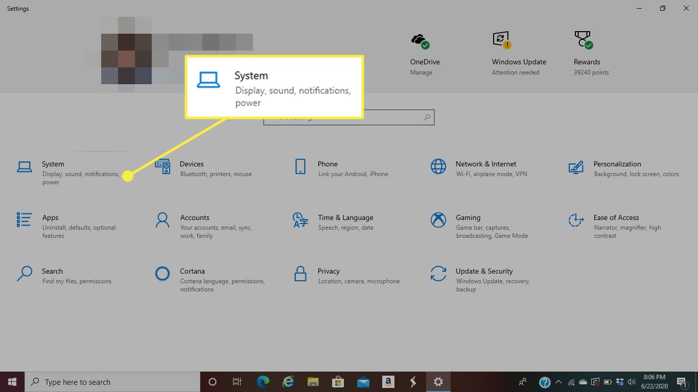 Järjestelmä-otsikko Windows 10:n asetuksissa