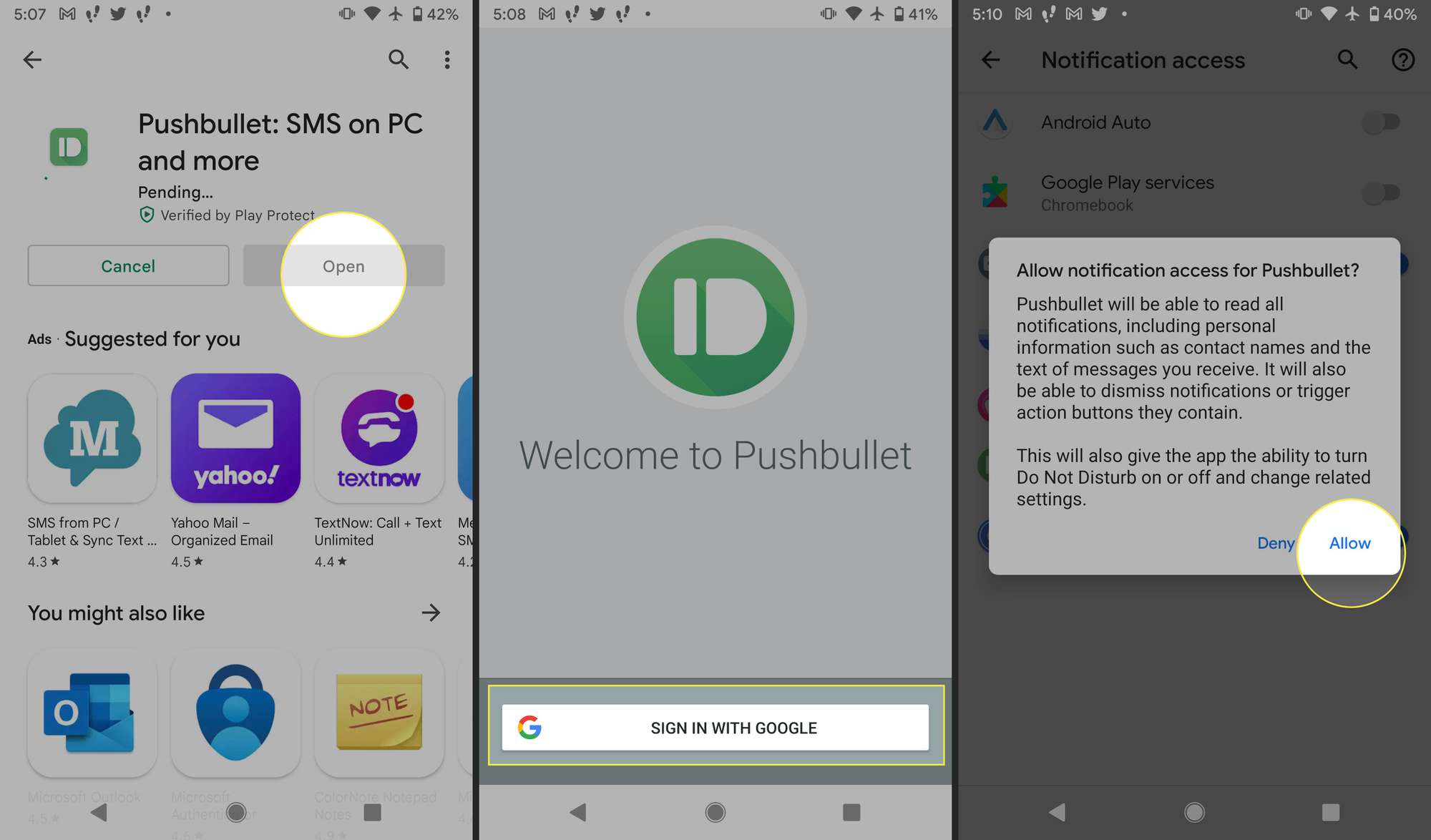 Pushbullet-sovellus Androidissa Open, Kirjaudu sisään Googlella ja Salli-merkintä