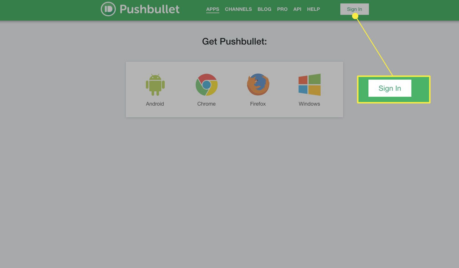 Pushbullet-verkkosivusto kirjautumistunnuksella korostettuna