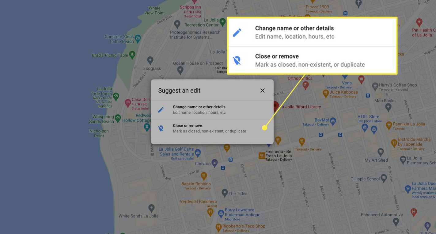 Google Maps "Ehdota muokkausta" -ruutu, jossa vaihtoehdot on korostettu