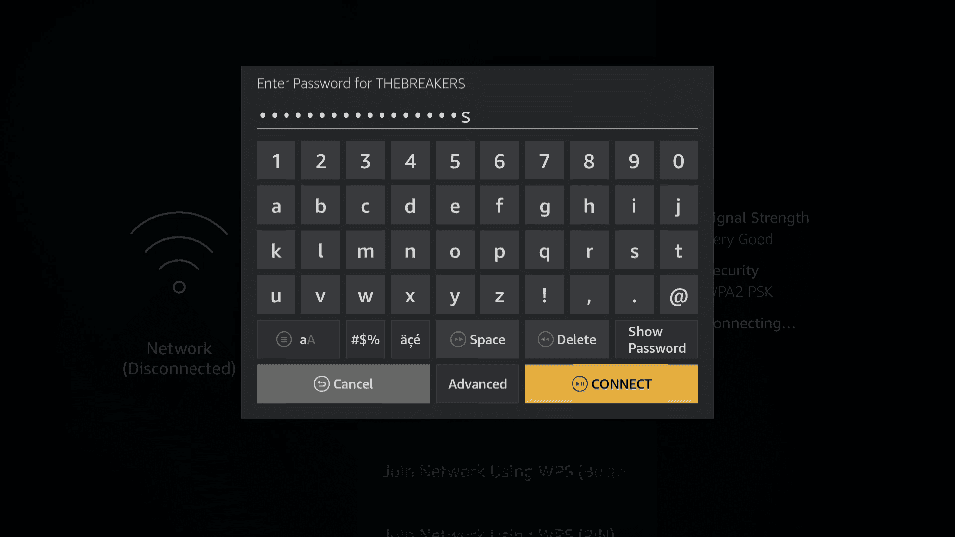 Kuvakaappaus Wi-Fi-salasanan syöttämisestä Fire TV:hen.