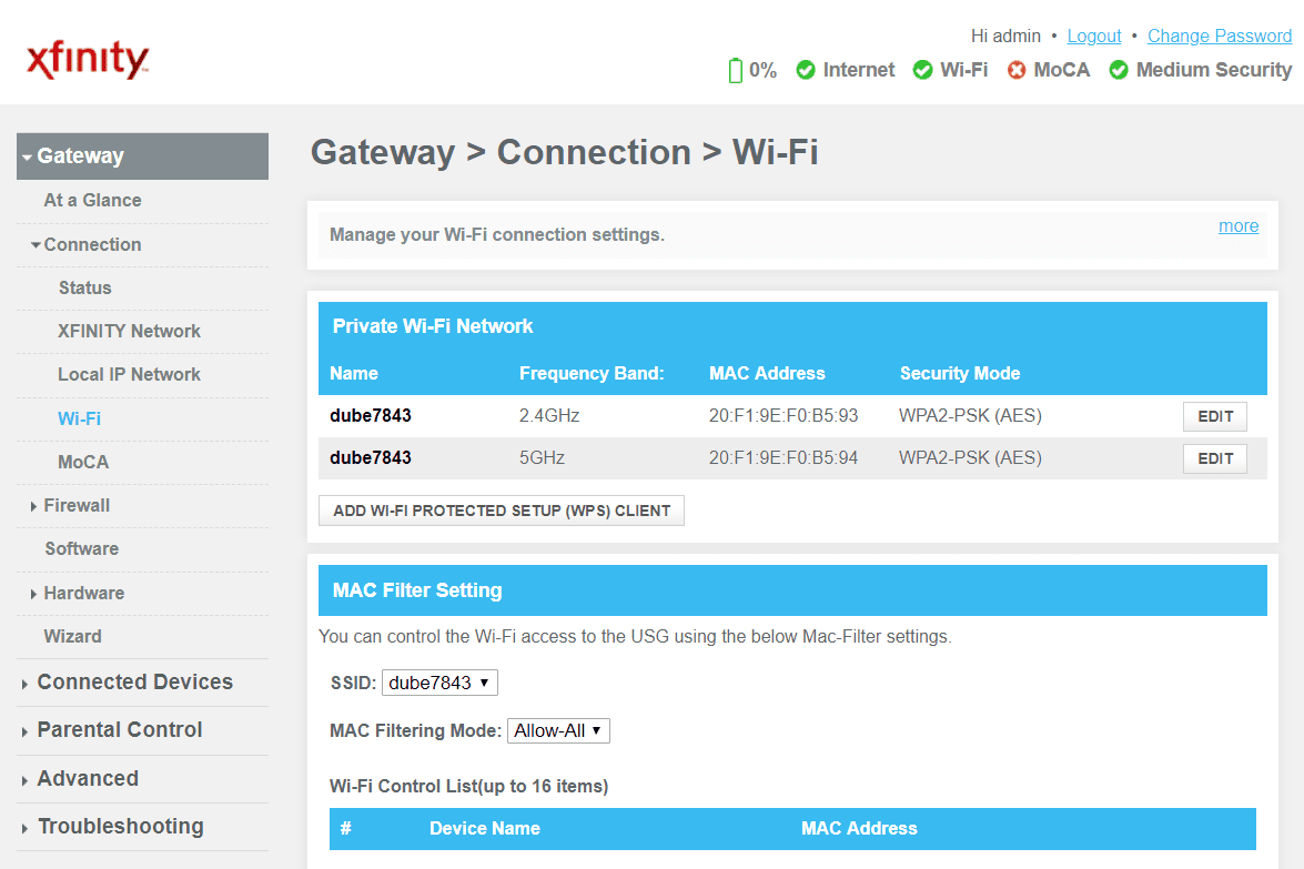 Näyttökuva Wi-Fi-yhteysasetuksista reitittimessä