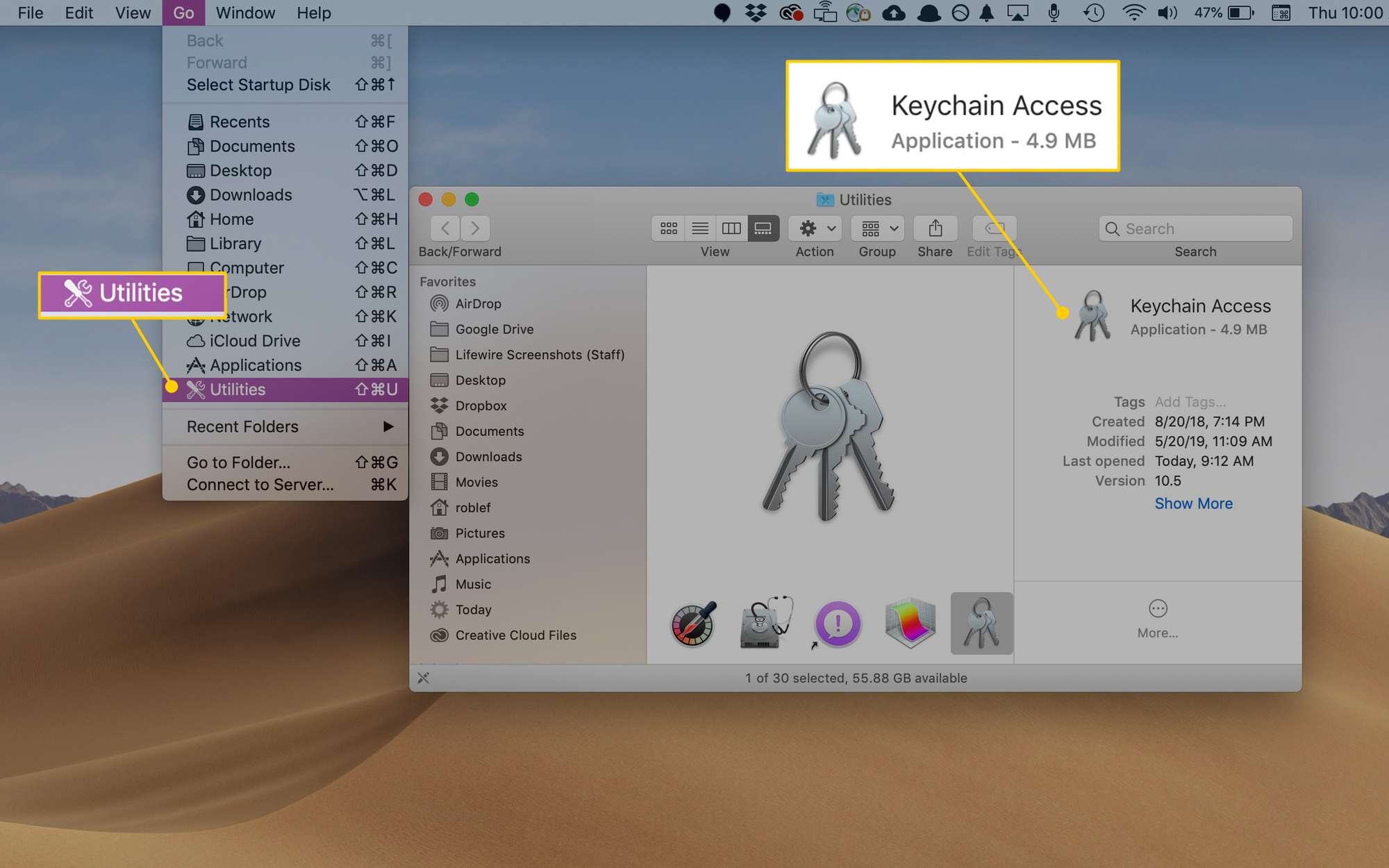 Työkalut-valikko ja Keychain Access -sovellus macOS:ssä