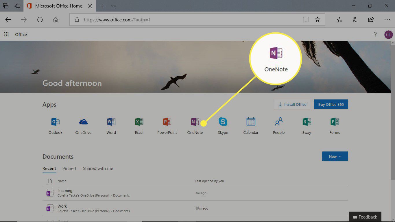 OneNote Office Onlinen Sovellukset-osiossa
