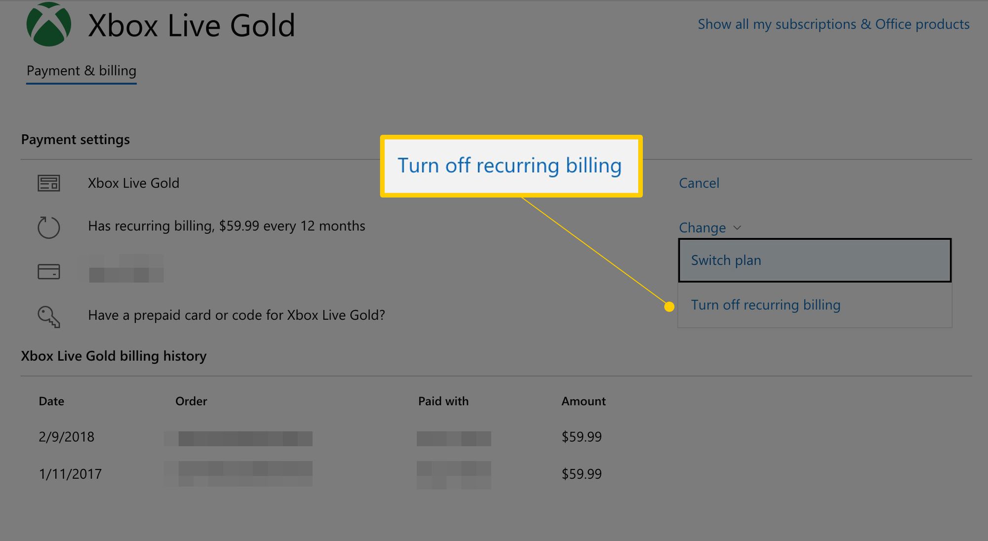 Poista toistuvan laskutuksen linkki käytöstä Xbox Live Gold -maksuasetusten verkkosivulla
