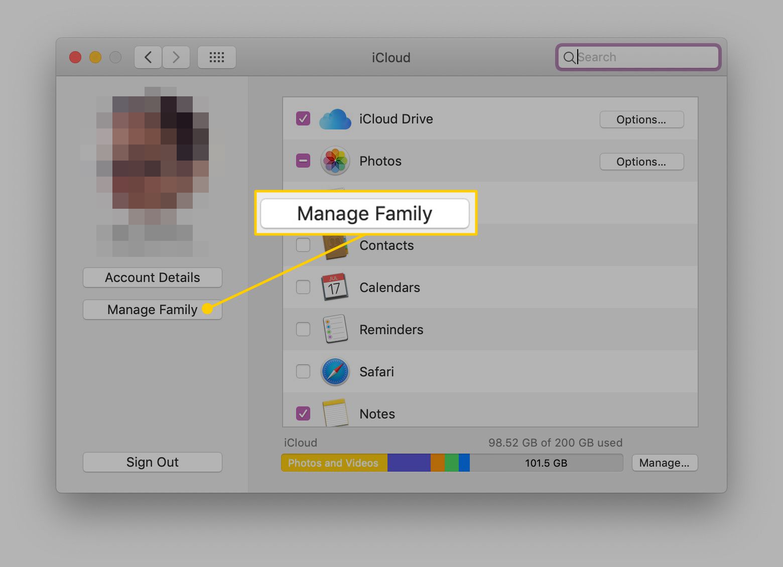 Hallitse perhe -painiketta iCloudin järjestelmäasetuksissa