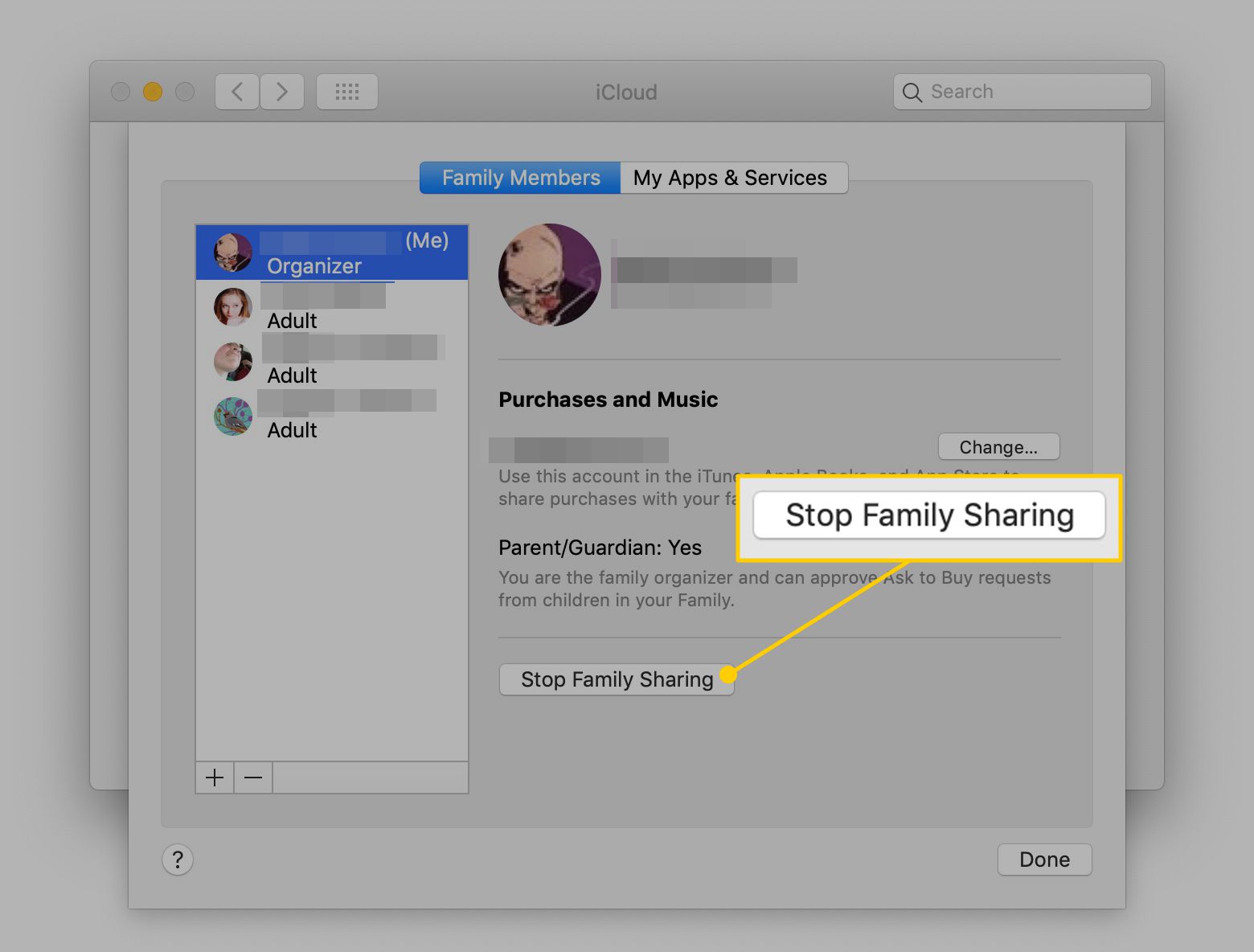 Lopeta perheen jakaminen iCloudin järjestelmäasetuksissa