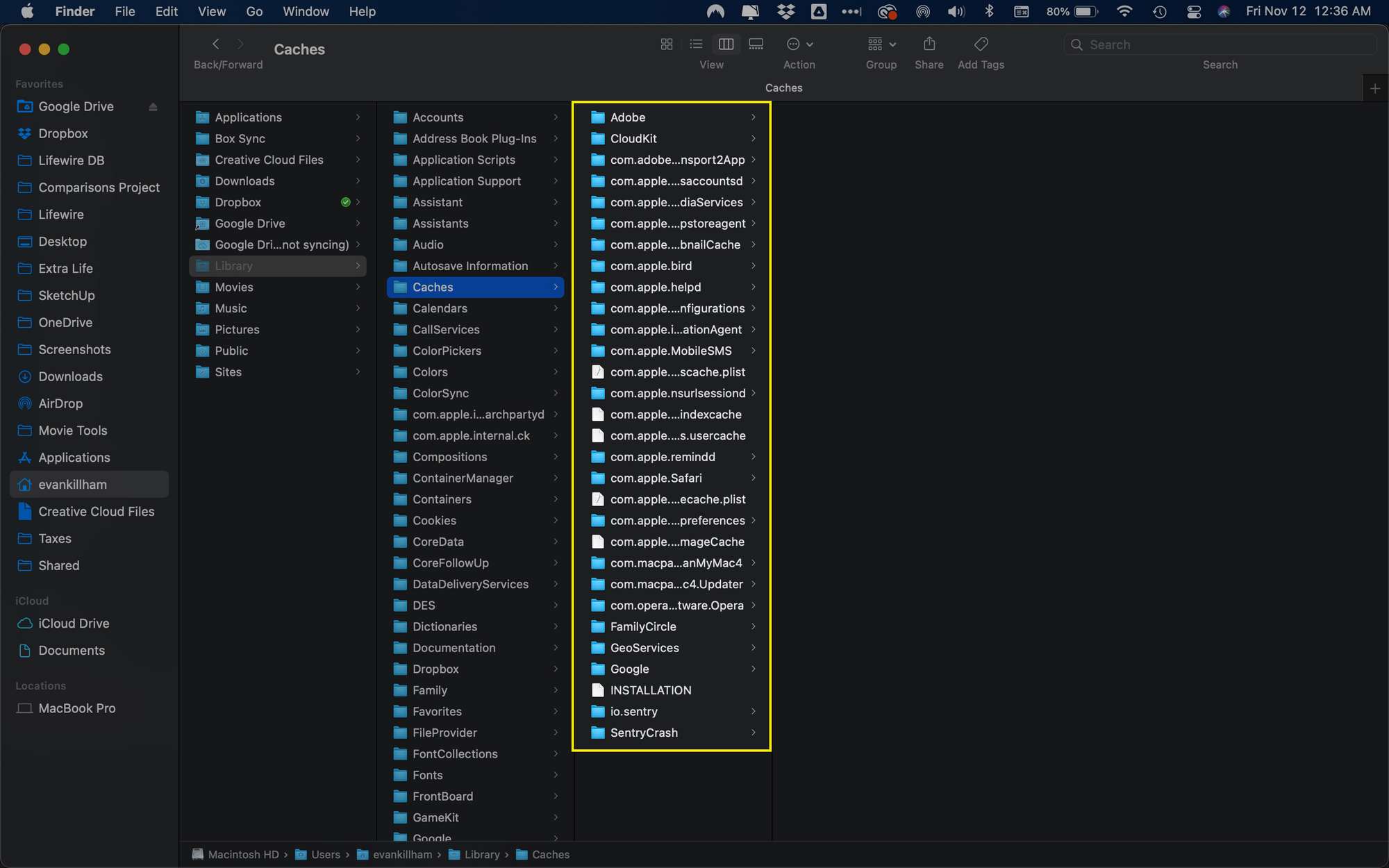 macOS-kirjaston Caches-kansion sisältö