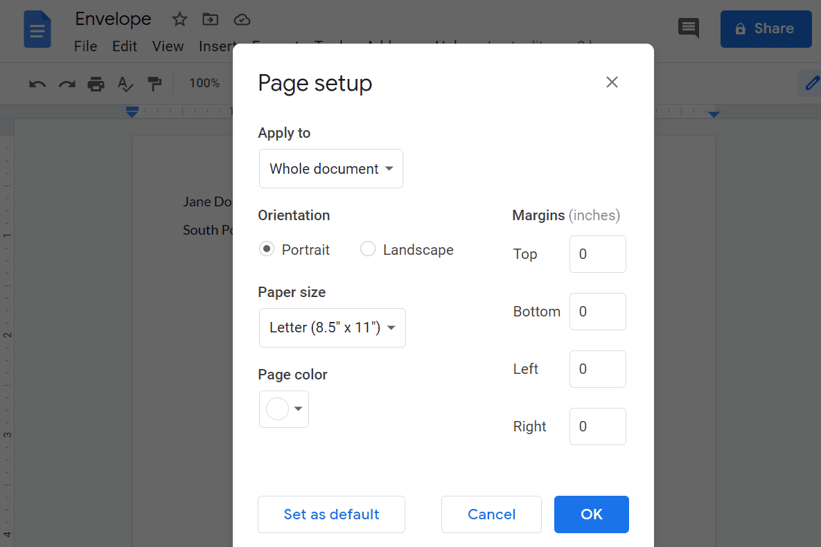 Kuvakaappaus Google Docs -sivun asetusasetuksista nollareunuksilla