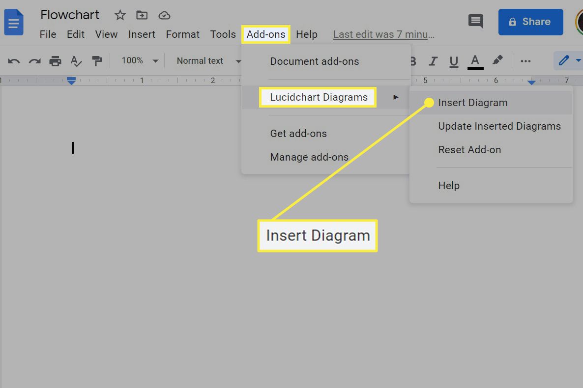 Lisävalikko Lucidchart-kaaviot Google Docsissa.