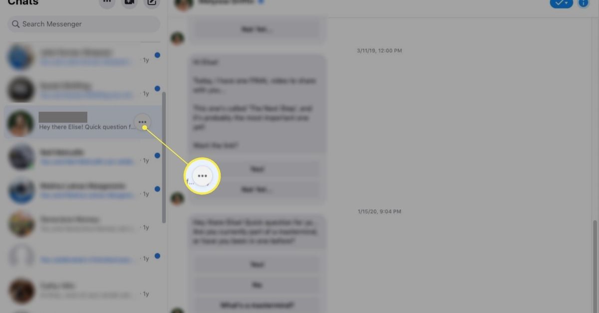 Kolme pistettä Chatissa Facebook Messenger -ikkunan vasemmassa ruudussa