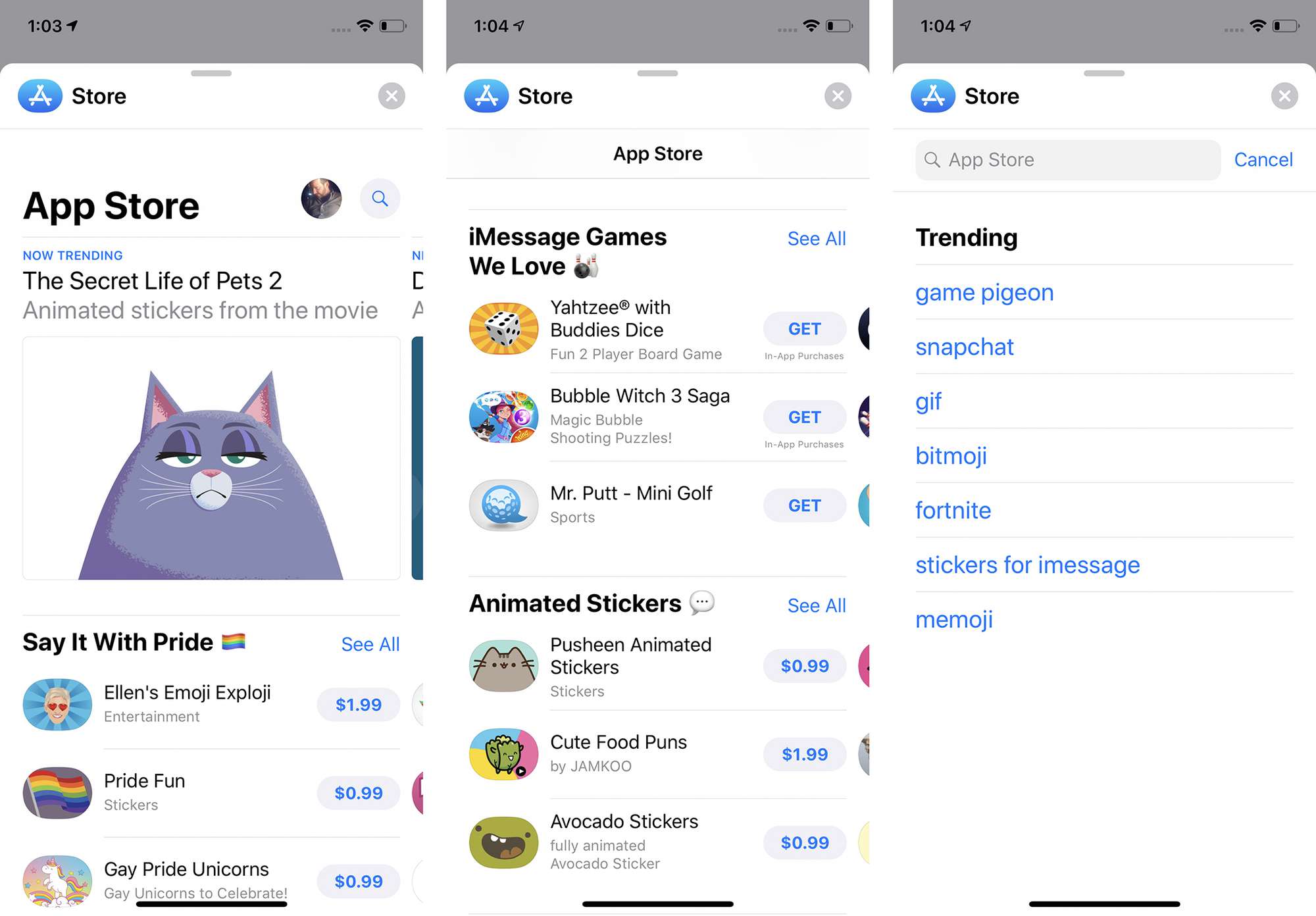 Kuvakaappauksia iMessage App Storesta