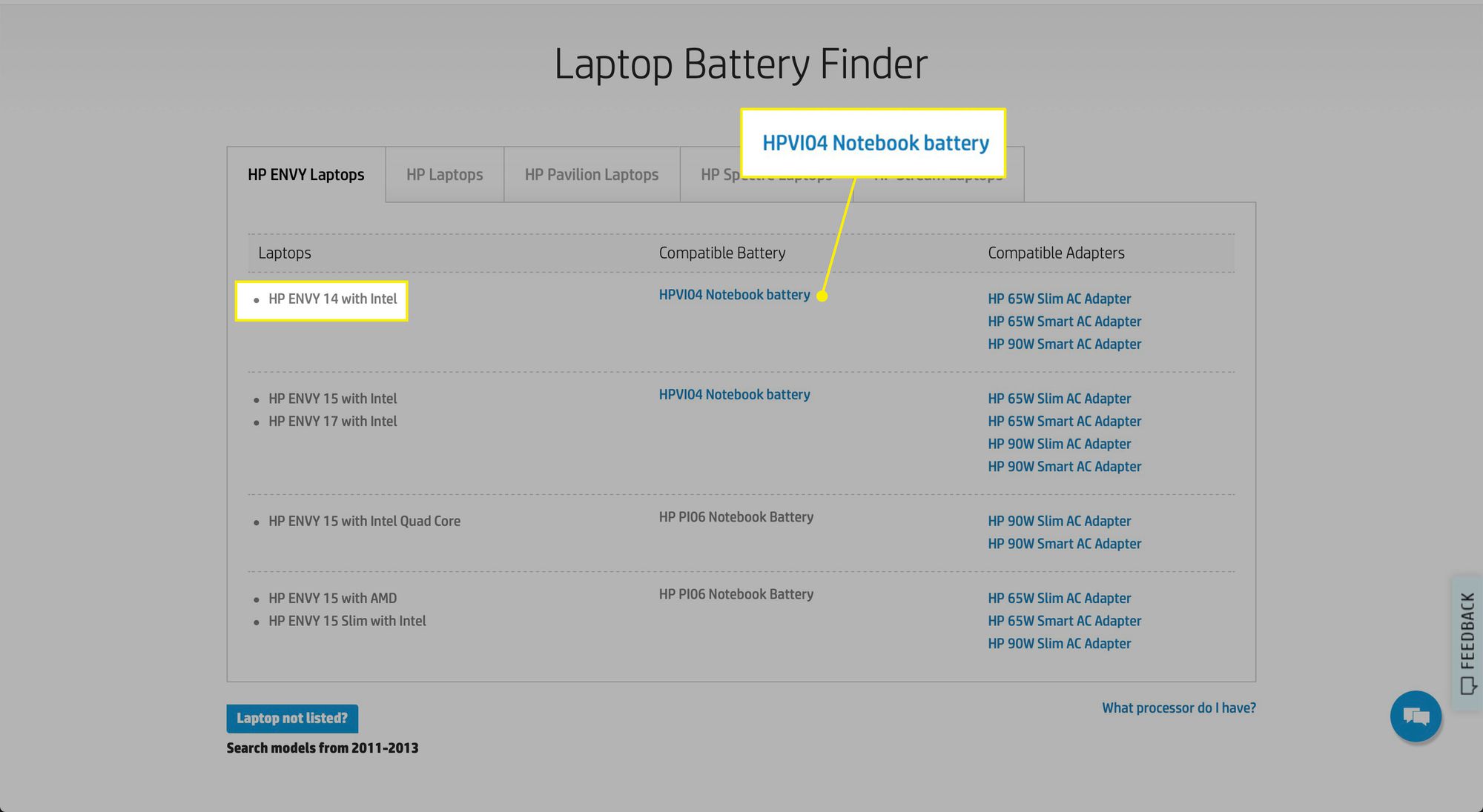 Kannettavan tietokoneen tyyppi ja yhteensopiva akku HP Laptop Battery Finderissa