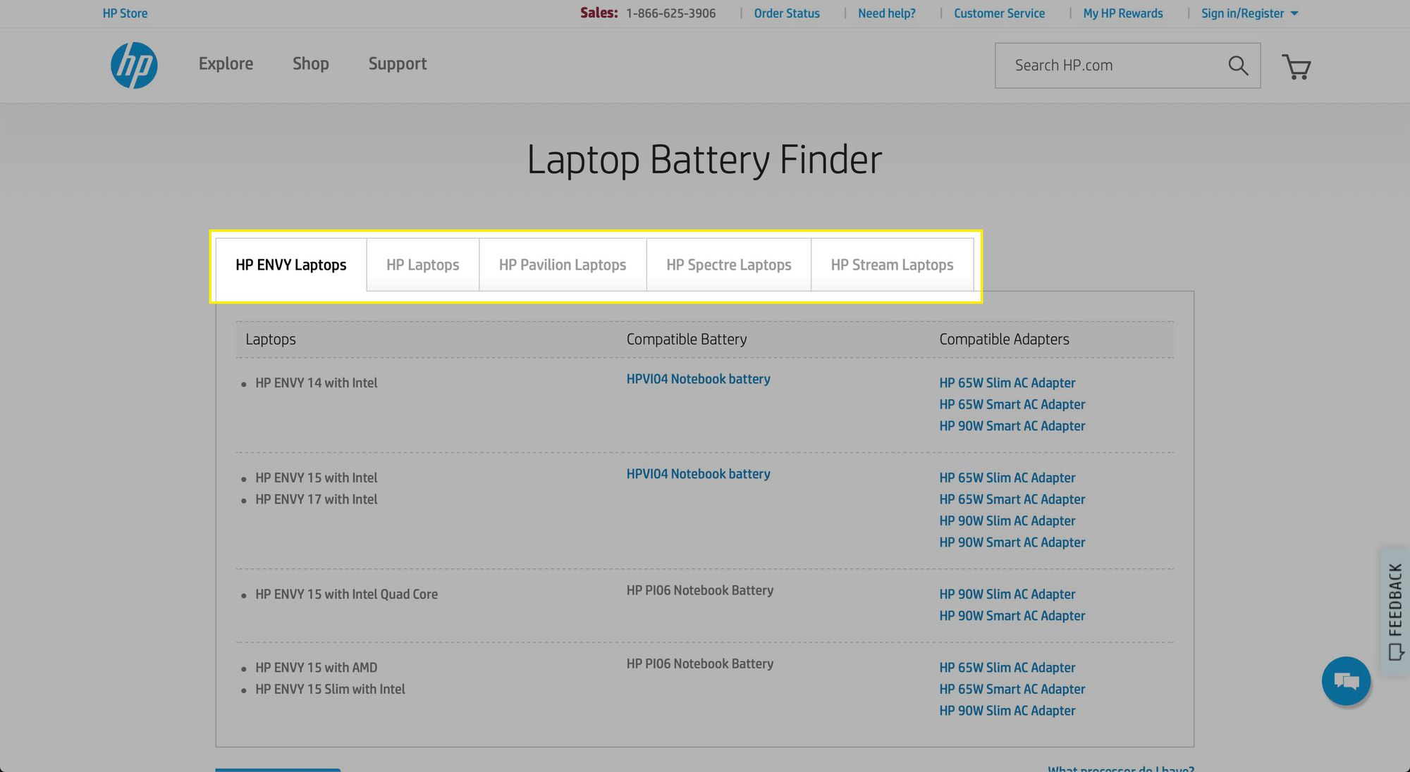 Kannettavan tietokoneen tyyppivälilehdet HP Laptop Battery Finder -sivulla