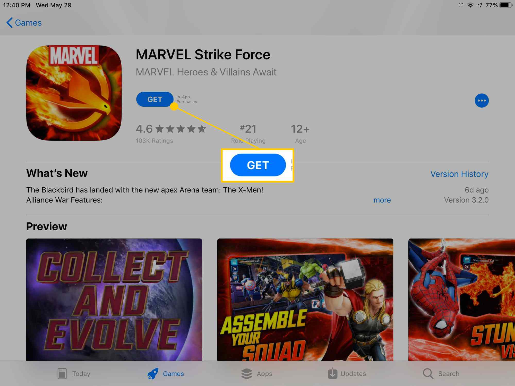 Hanki-painike Marvel Strike Force App Store -sivulla