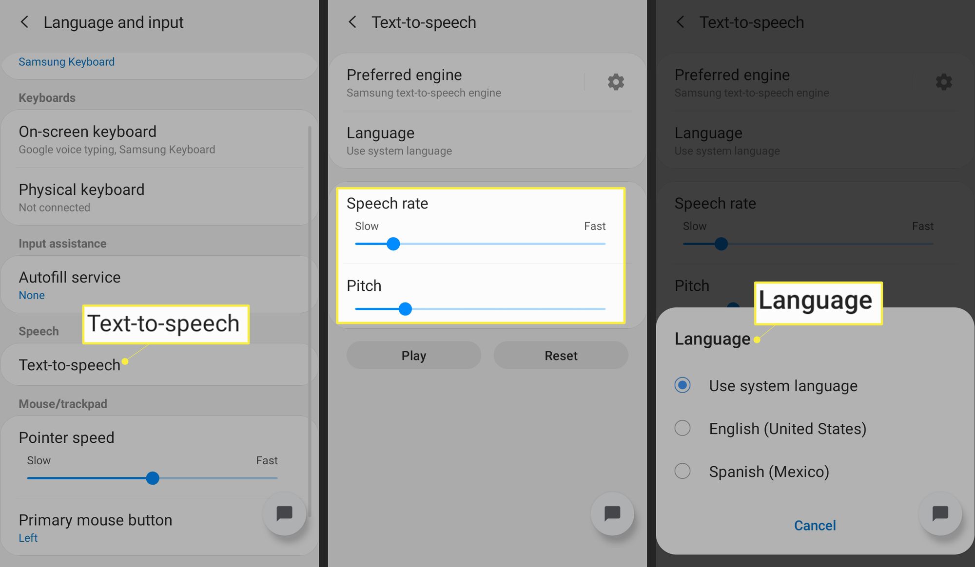 Muuta tekstistä puheeksi asetuksia Androidissa