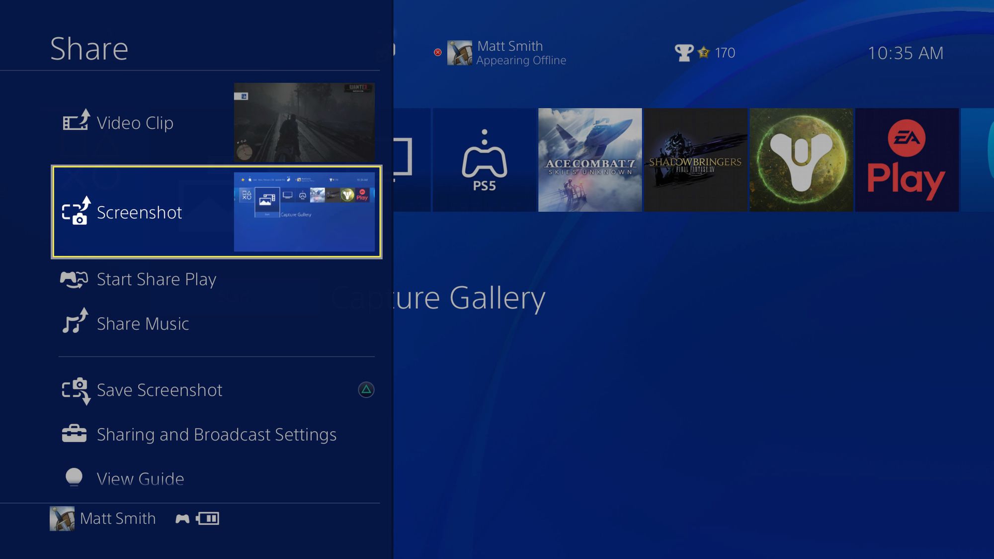 PlayStation 4:n Share-valikko avattiin ja Screenshot valittu.