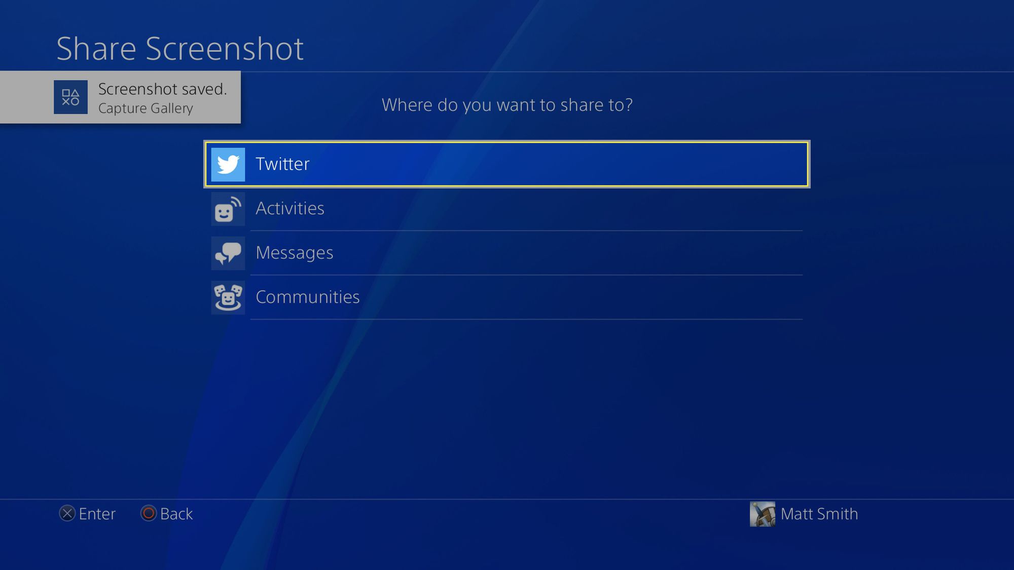 PlayStation 4 Share Screenshot -valikko avattu Twitter valittuna.