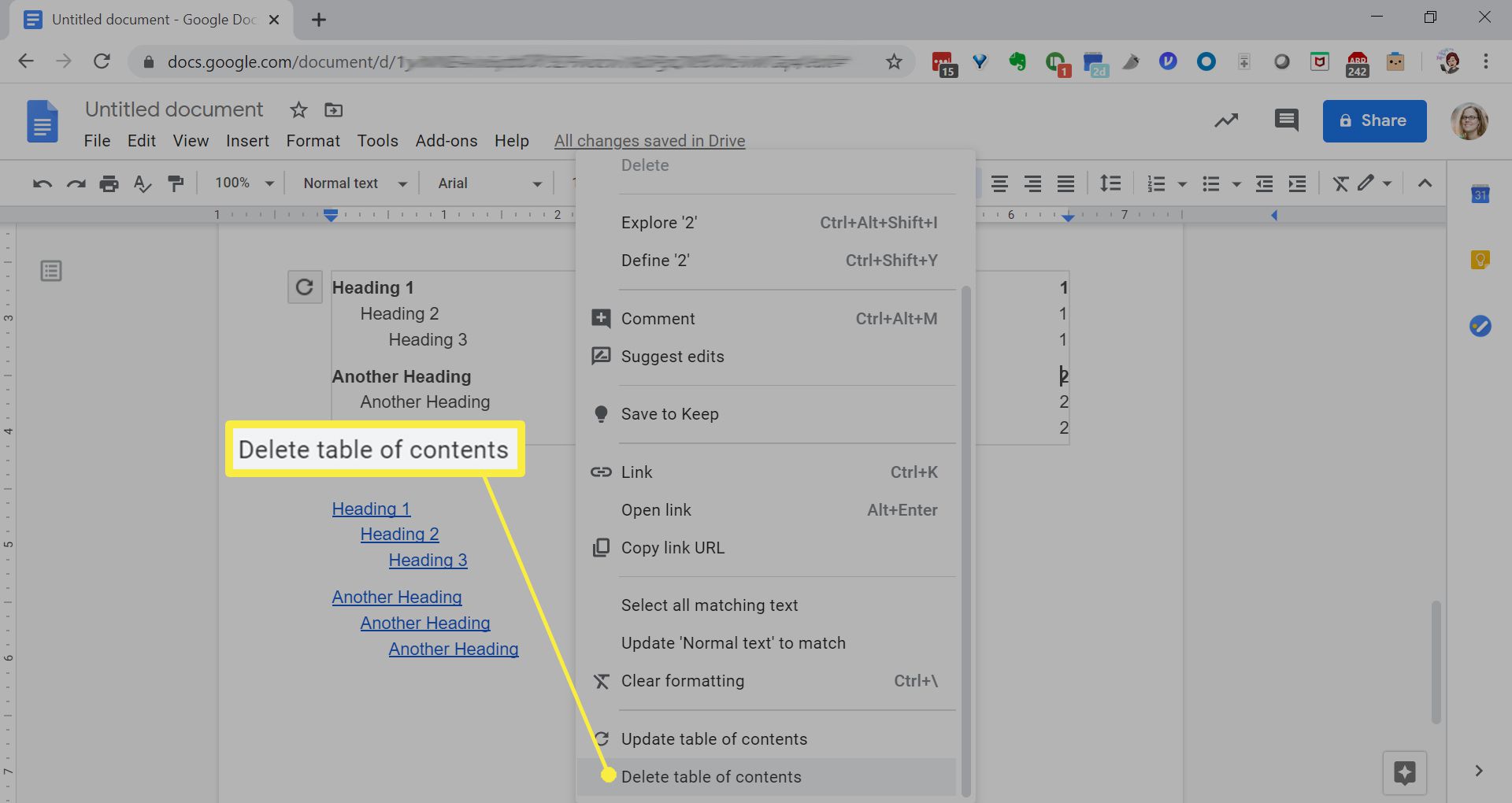 Sisällysluettelon poistaminen Google-dokumenteista.