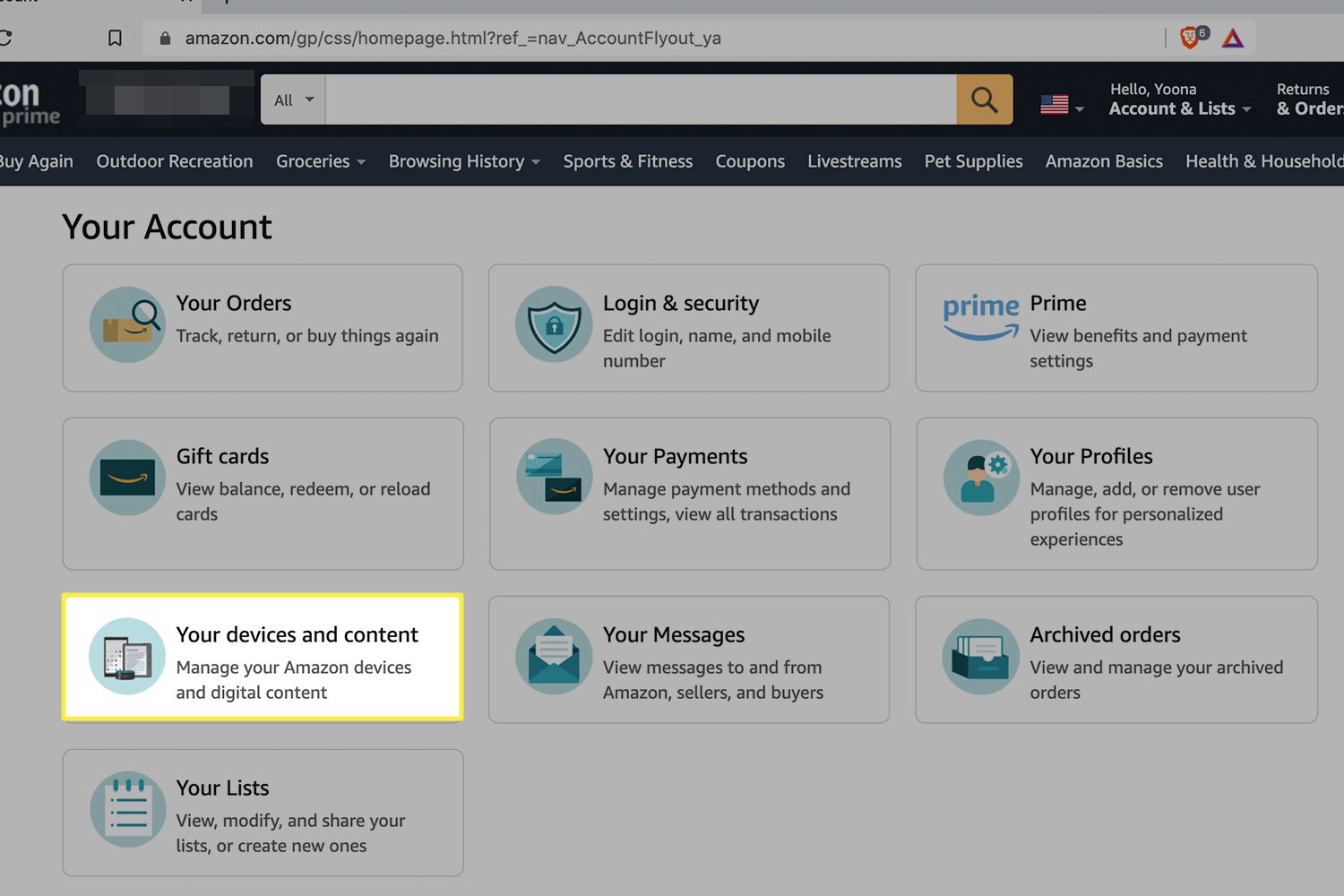 Amazon Your Account -sivun Laitteesi ja sisältö -vaihtoehto.