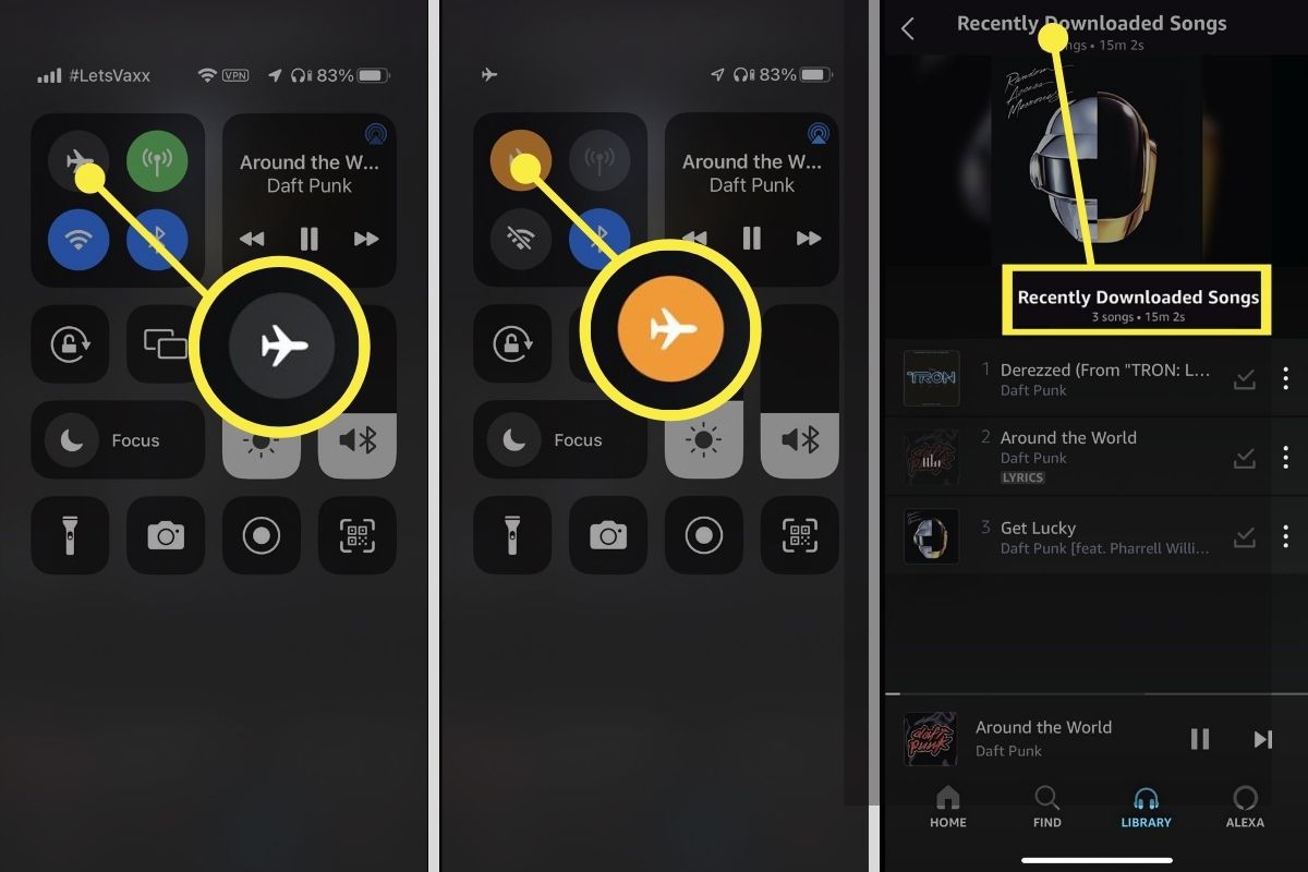 Lentokonetila on käytössä iPhonessa, kun Amazon Music -sovellus toistaa kappaleiden latauksia.