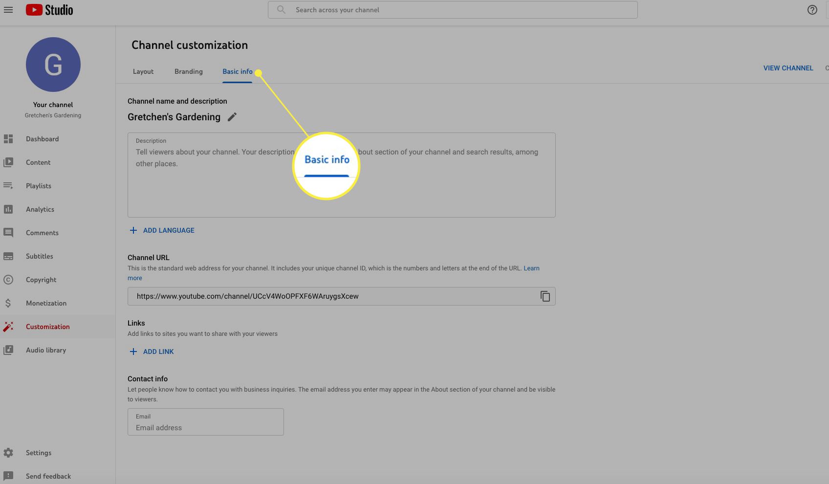 YouTube Studio -kanavan mukauttaminen perustiedot korostettuna