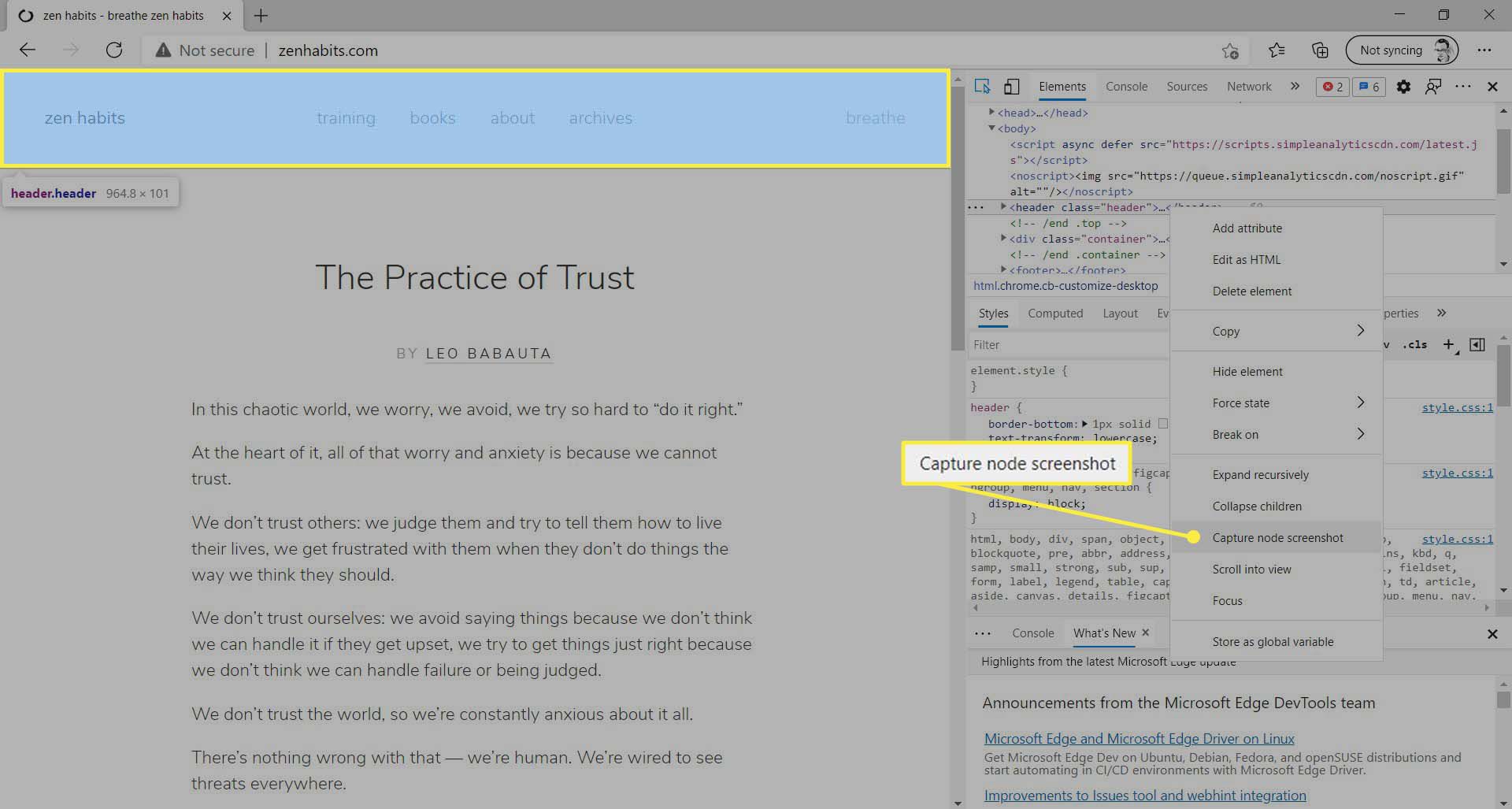 Capture node screenshot -valikkokohta korostettuna Microsoft Edgessä.