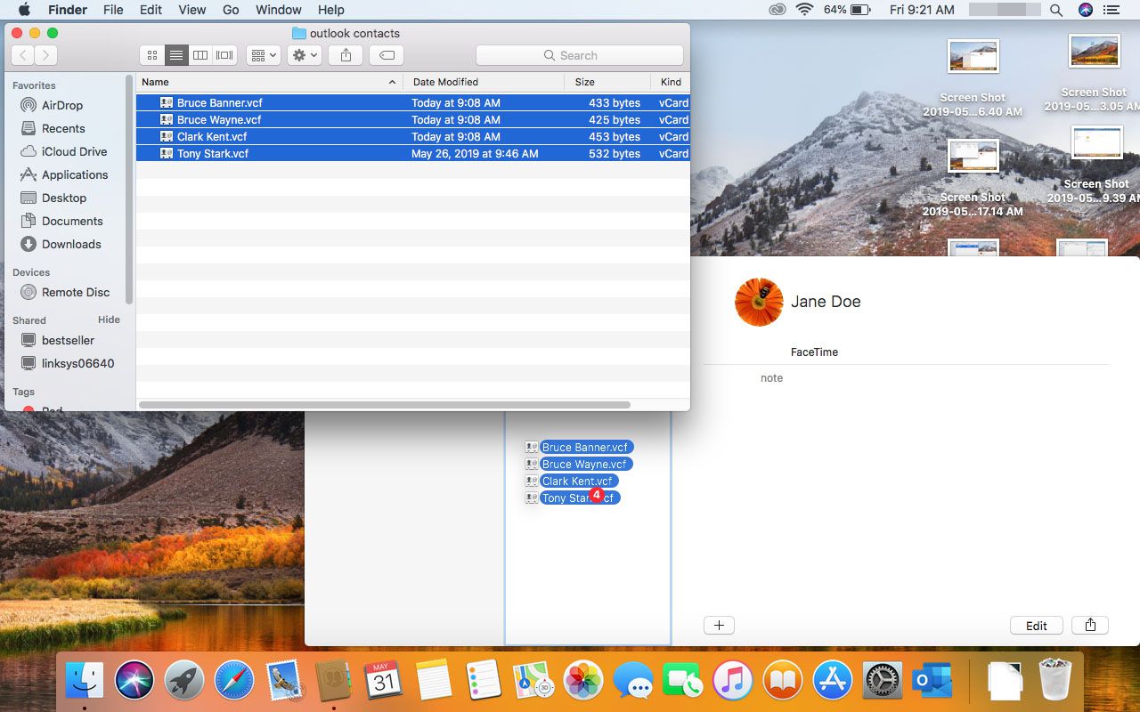Vedä vCardit MacOS Contacts -sovellukseen.
