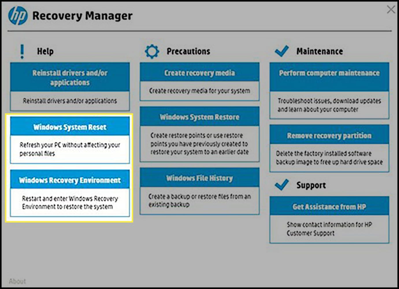 HP Recovery Managerin "Windows System Reset"- ja "Windows Recovery Environment" -asetukset