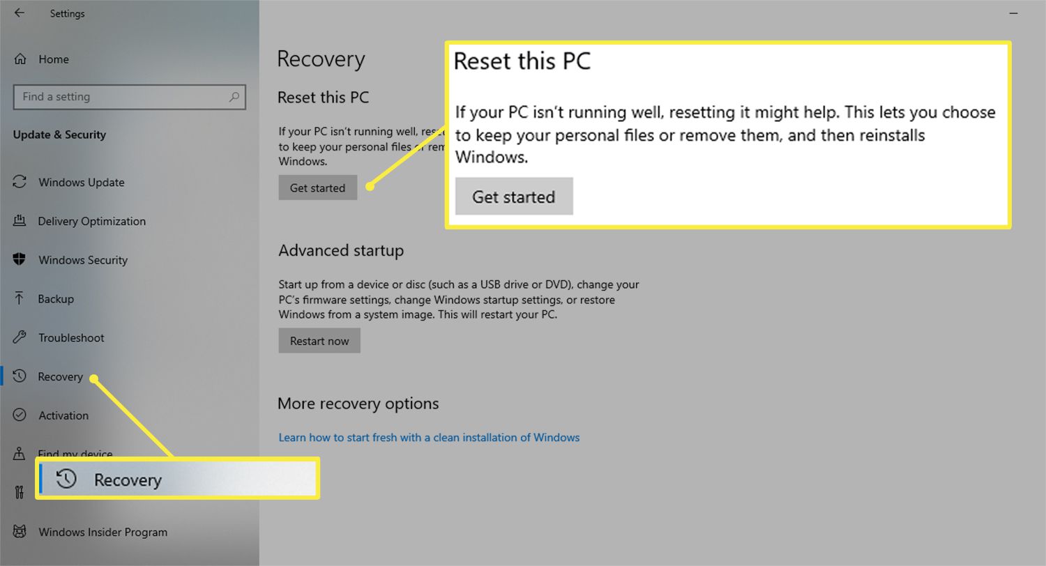 Aloita -painike Windows 10:n Asetukset-valikon Palauta tämä tietokone -osiossa