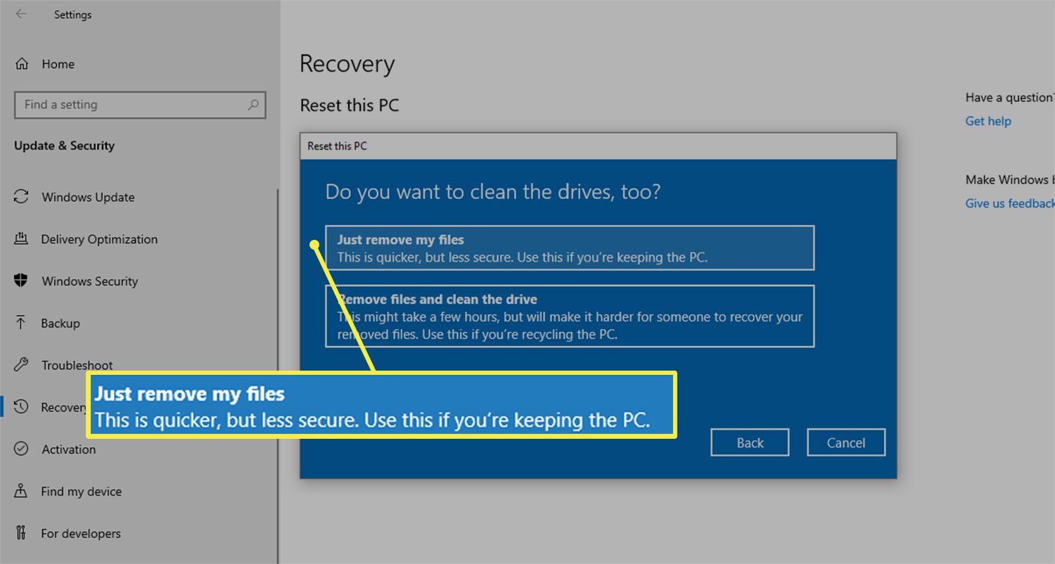 Poista vain Omat tiedostot -vaihtoehto Palauta tämä tietokone Windows 10 -valintaikkunasta