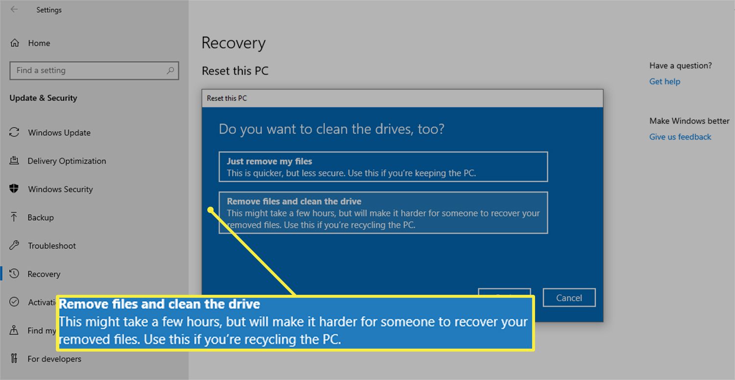 Poista tiedostot ja puhdista levy -vaihtoehto Palauta tämä tietokone Windows 10 -valintaikkunassa