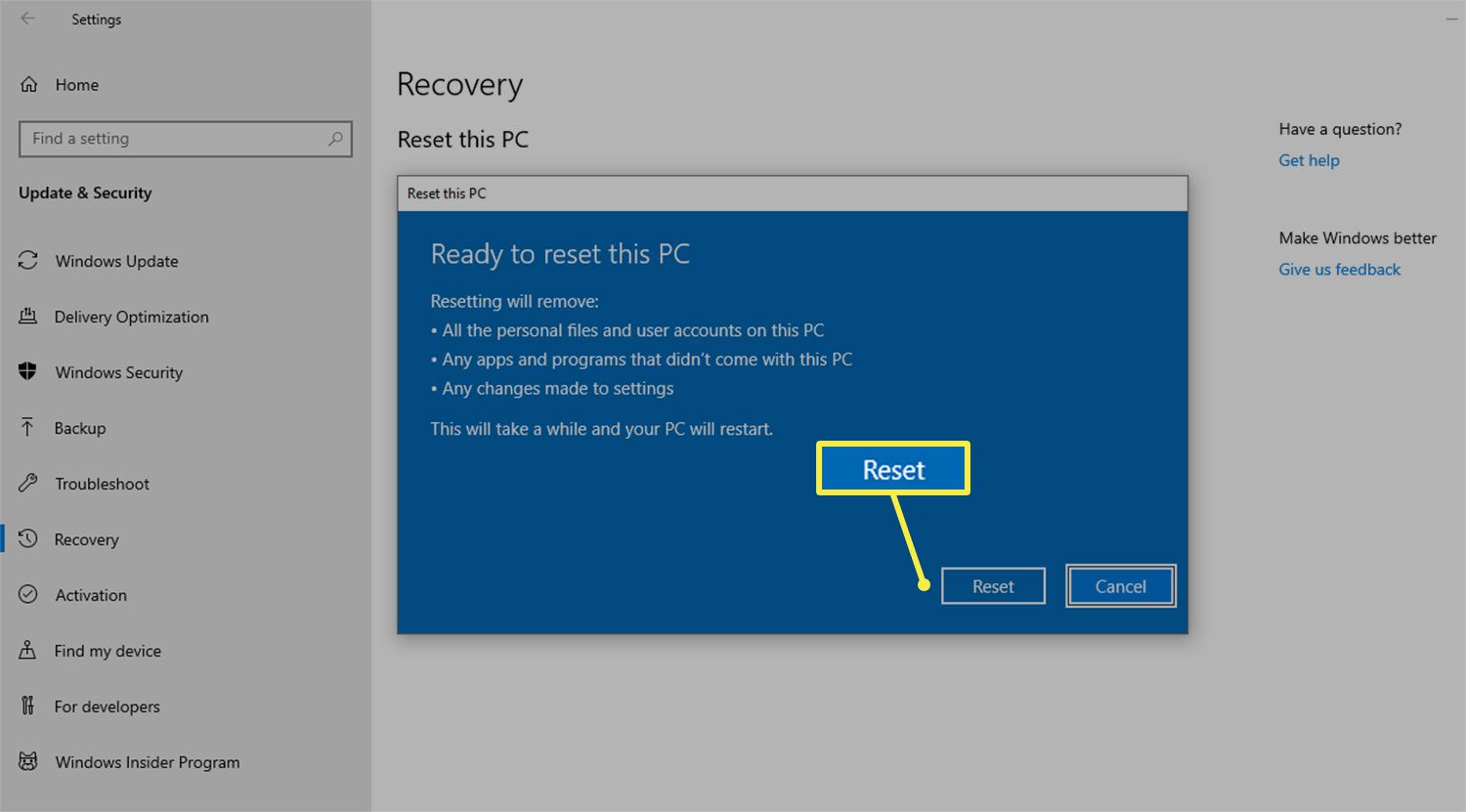 Palauta Windows 10 -tietokoneen tehdasasetusten palautuspainike