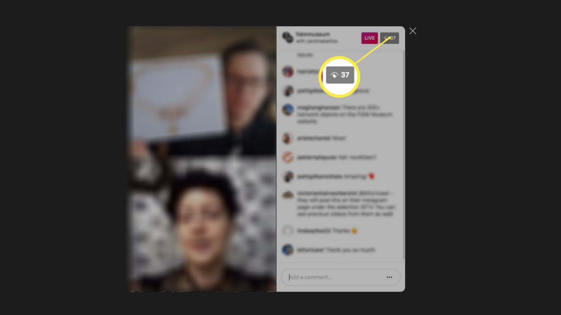 Kuvakaappaus, joka näyttää live-katsojien määrän live-Instagram-tarinassa.