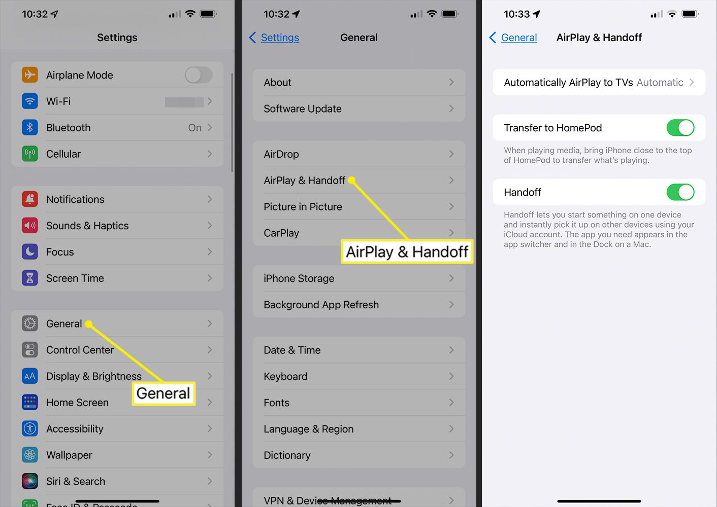 iPhone-asetukset, joissa on polku AirPlay- ja kanavanvaihtoon