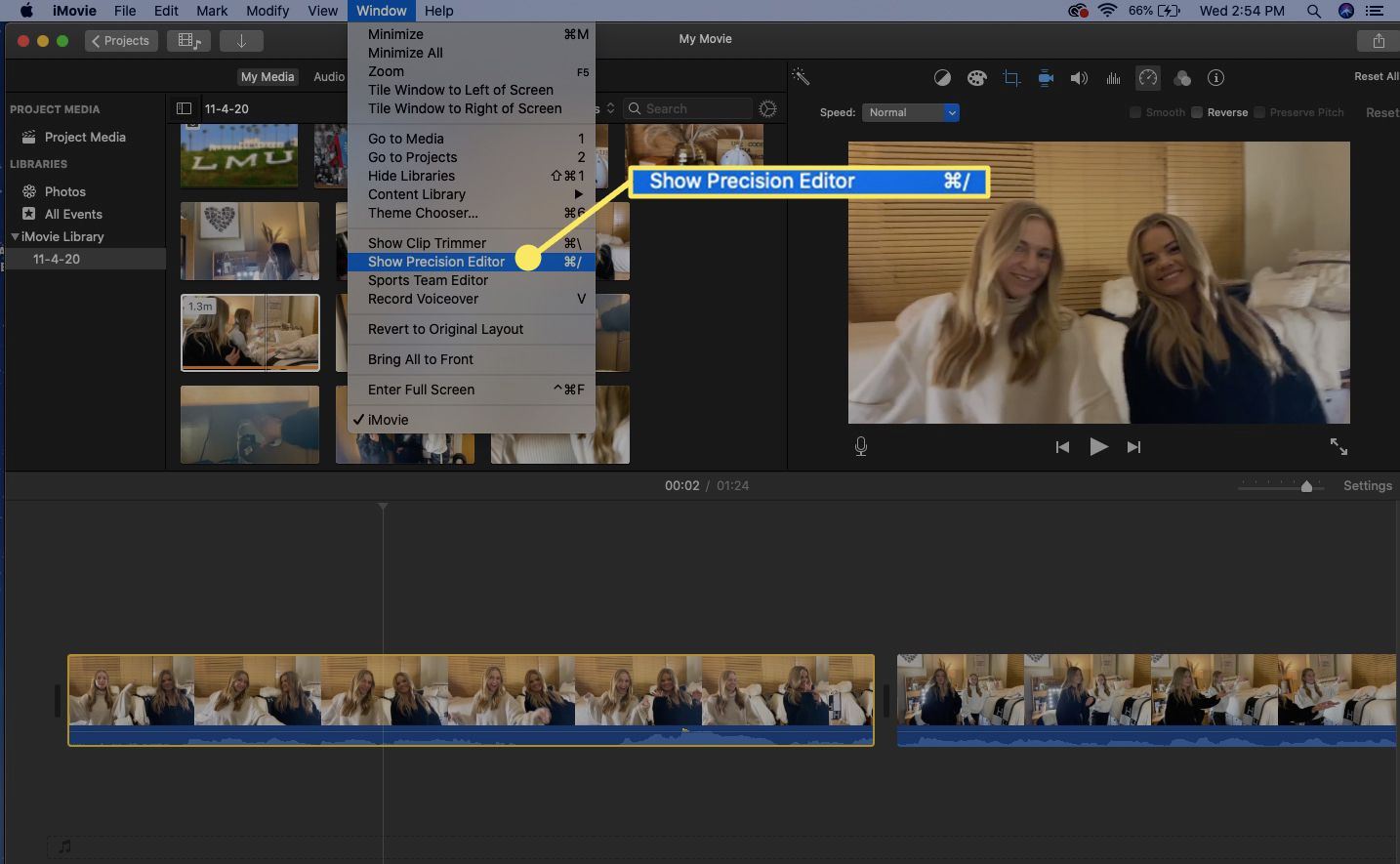 Avaa iMovie Precision Editor Ikkuna-valikosta.