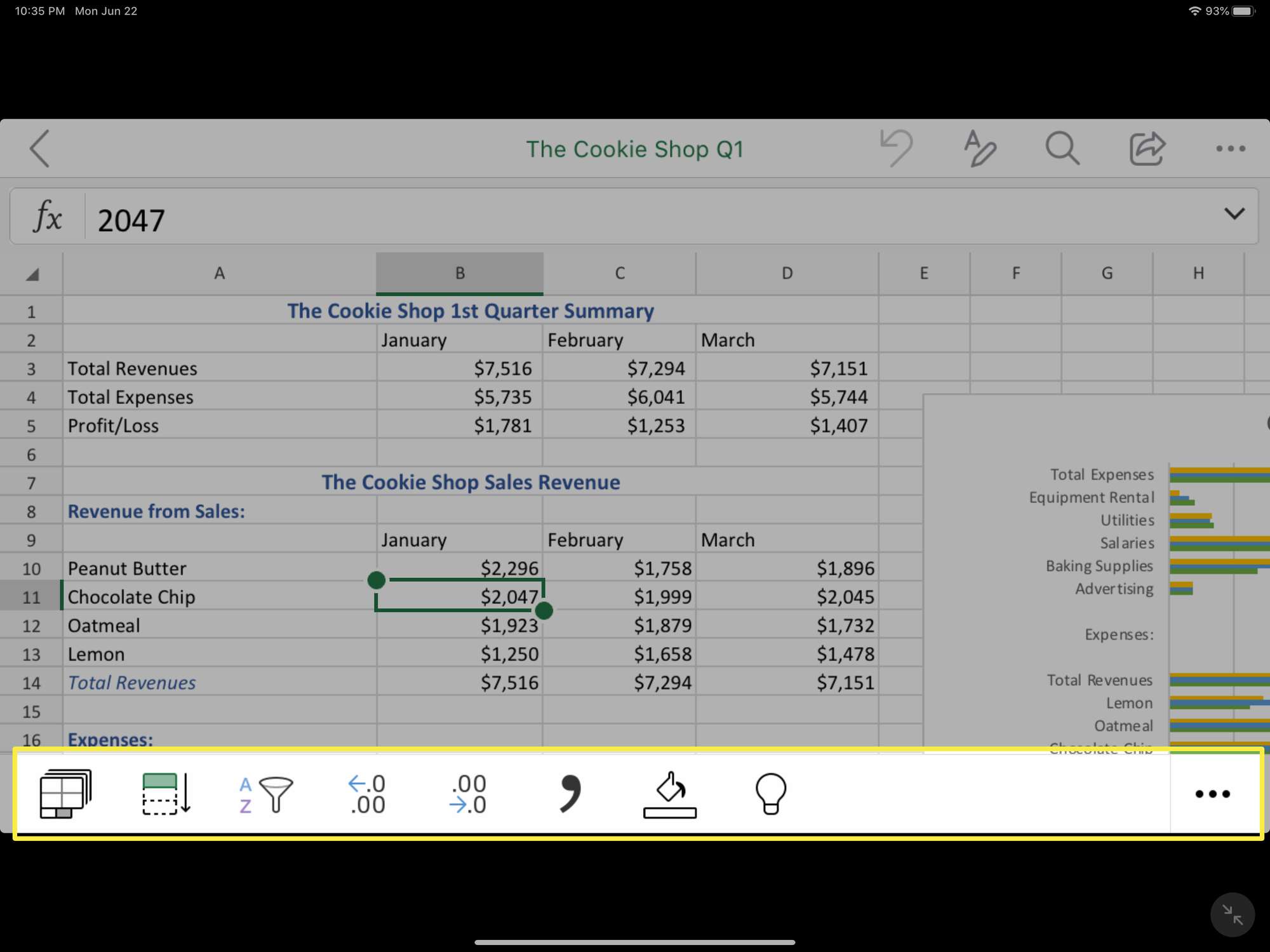 Jotkut Microsoft Office for iOS -sovelluksen laskentataulukkoosiossa olevista Excel-työkaluista.