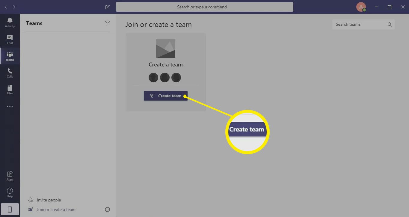 Valitse työkalupalkista Teams ja valitse sitten Luo joukkue.