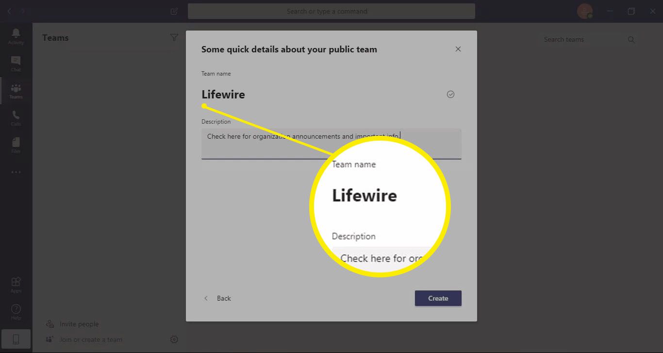 Anna joukkueelle nimi ja kuvaus ja valitse sitten Luo.