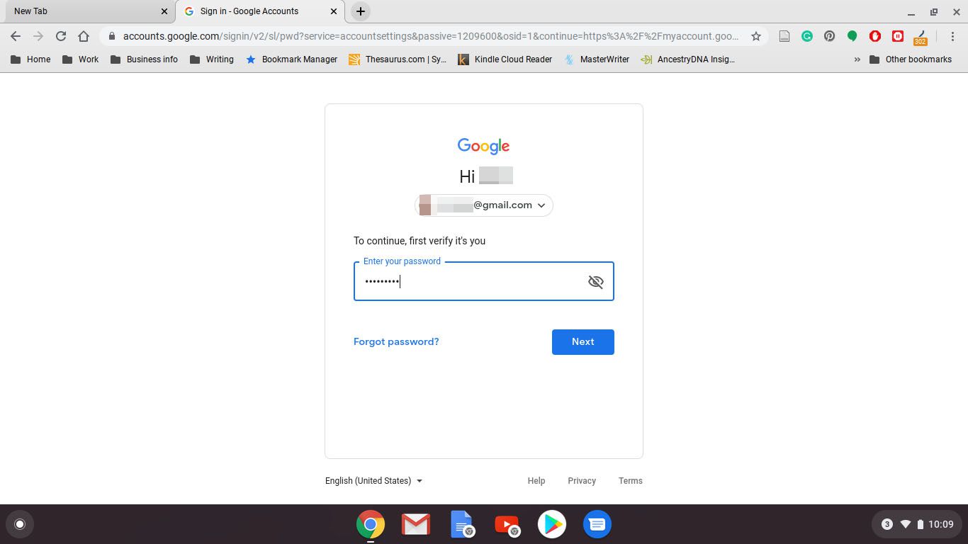 Anna salasana vahvistaaksesi tilin Google Chrome Chromebookille.