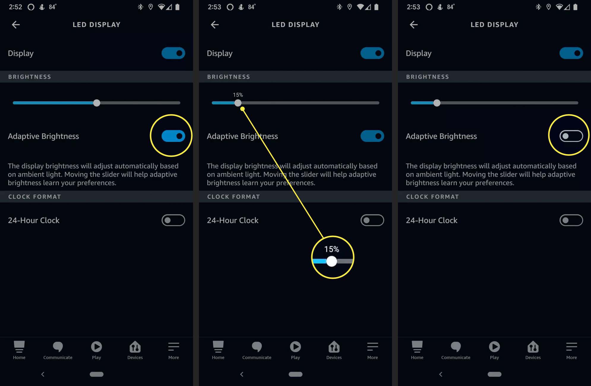 LED-näytön kirkkausasetukset Echo Dotille kellolla Alexa-sovelluksen kautta.