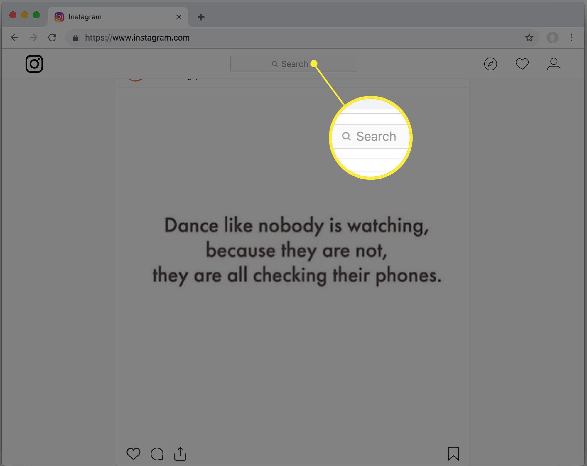 Hakukenttä Instagramissa Internetin kautta