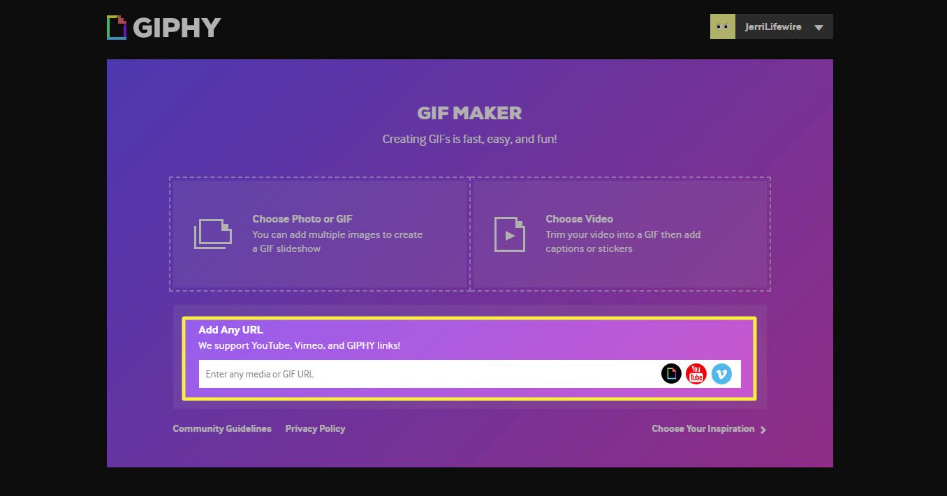 URL-kenttä Giphy GIF Makerissa.
