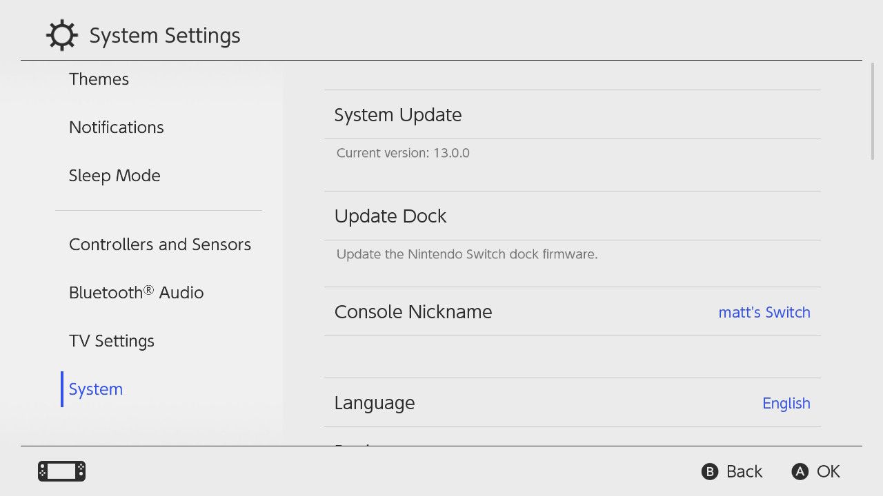 Nintendo Switchin järjestelmäasetukset -valikko.