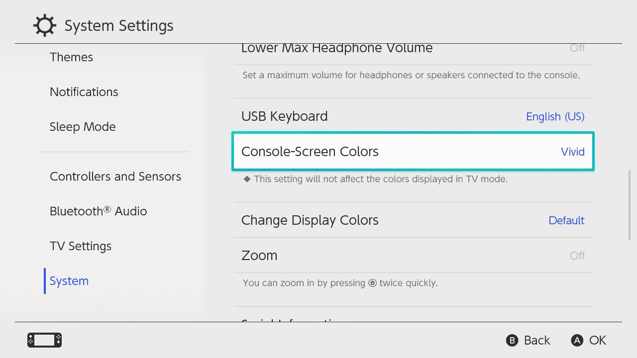 Kuvakaappaus Nintendo Switchin OLED-järjestelmäasetusvalikosta, jonka väriasetus on korostettuna konsolin näytöllä.