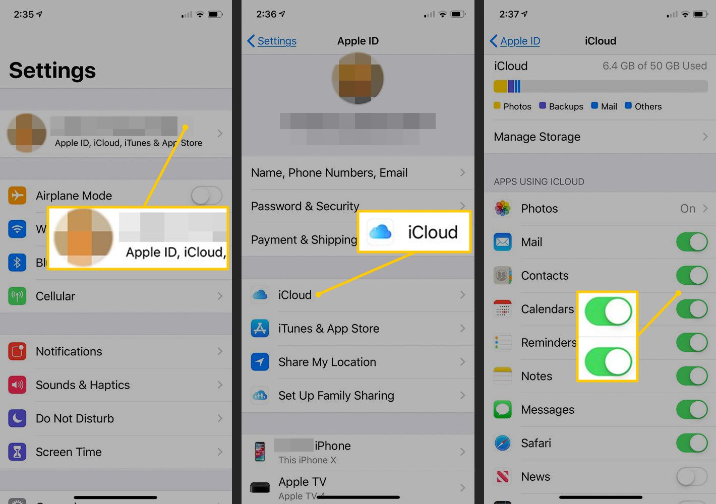 Apple ID, iCloud, vaihtopainikkeet iOS-asetuksissa