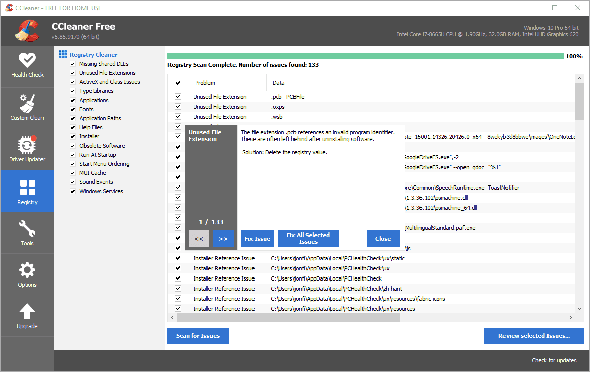 CCleaner-painike Korjaa kaikki valitut ongelmat